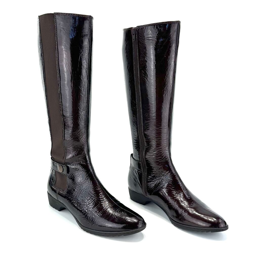 Sofft Brown Knee High Tall Boot Size 7M Patent Leather Low Heel Comfort Casual - Picture 2 of 13